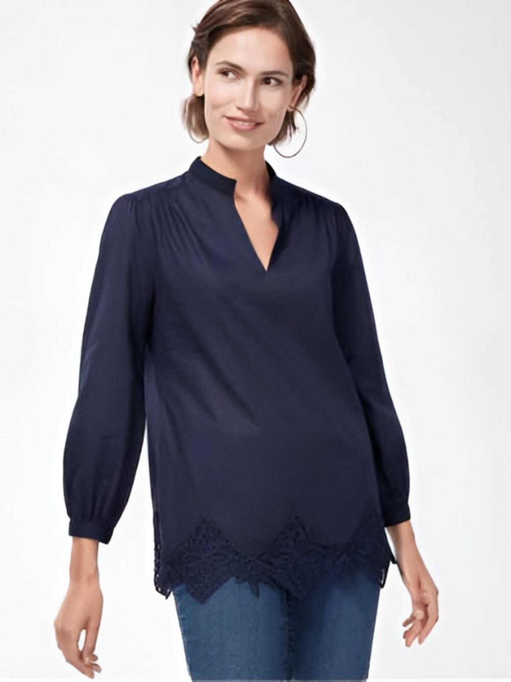 Chico's Navy Lace Trim Blouse V-Neck Long Sleeve Cotton Size 2.5 / US 14 NWOT
